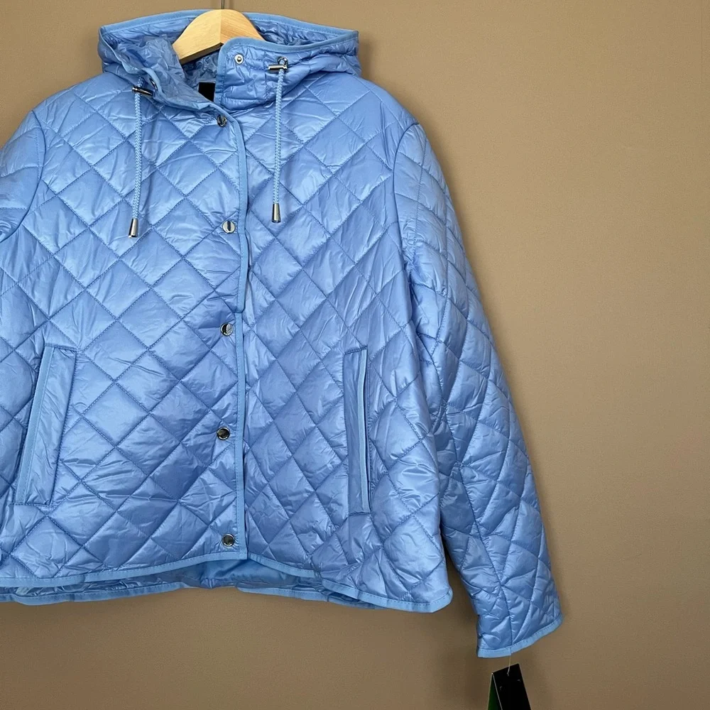 {Kate Spade} Hooded Quilted Packable Jacket in Cosmic Zen Blue - Womens XL - NWT